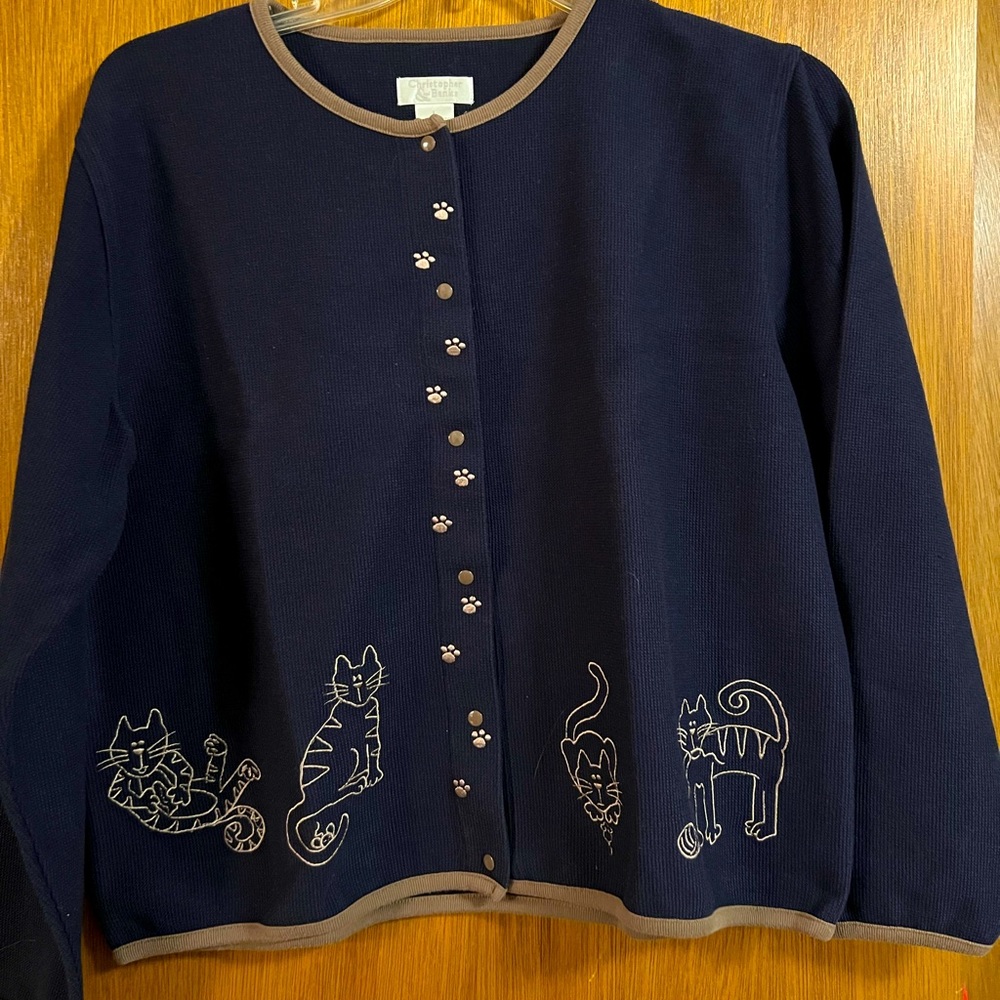 NWOT Christopher & Banks Navy Cardigan Sweater, Large, Embroidered Kitties